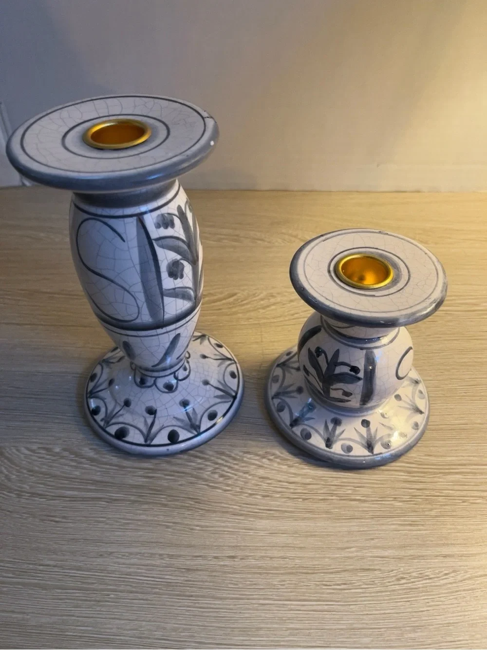 Blue White Crackle Glaze Ceramic Candlestick Holders Set 2 Folk Art 6.5” 4.5”